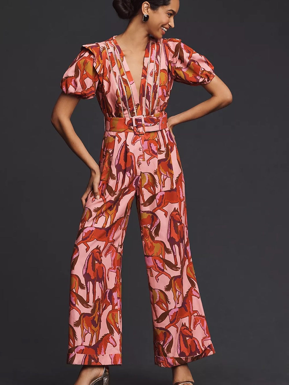 Cotton FARM Rio Pink Wild Horses Print Jumpsuit MISSING BELT